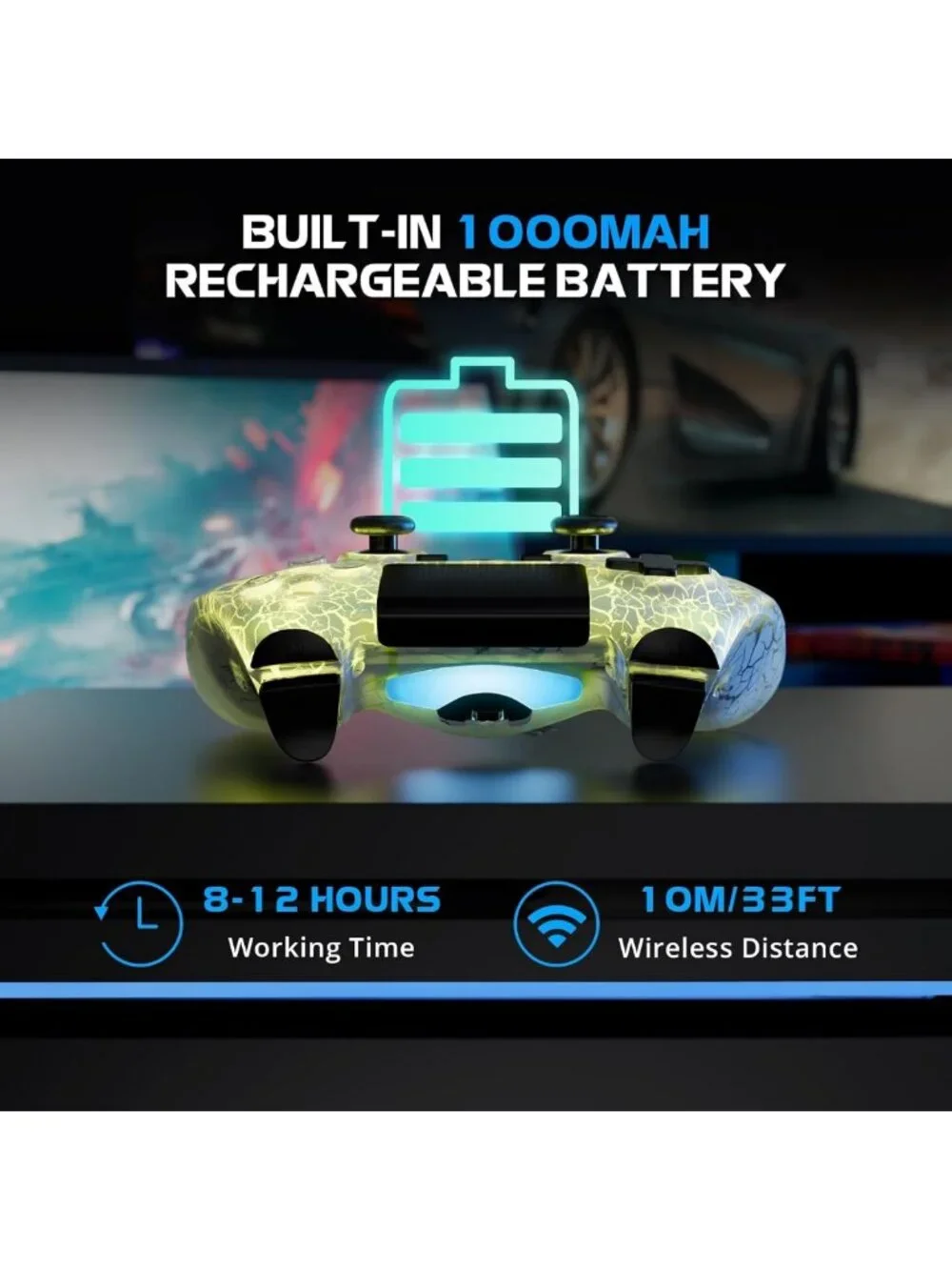 2 Pack Wireless PS4 Controllers - LED Backlit, 1000mAh Battery, Double Shock